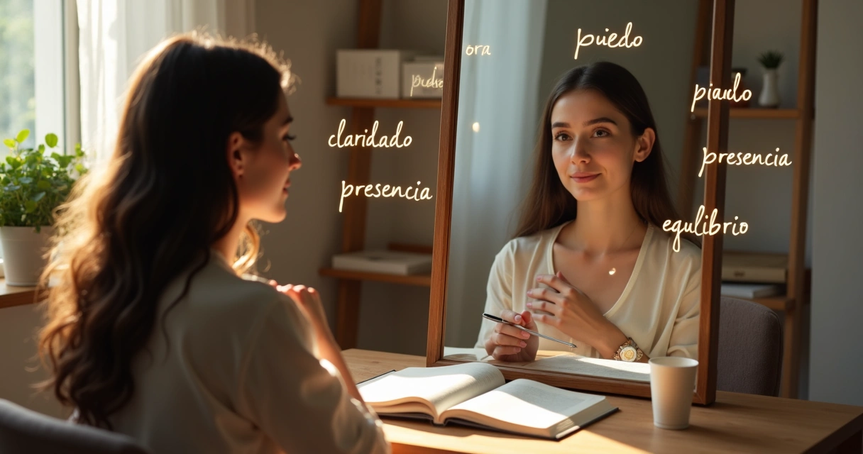 Mujer reflexionando frente a un espejo con palabras positivas a su alrededor 