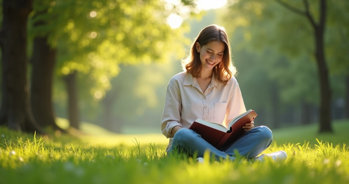 Mujer leyendo un cuaderno sentada en la naturaleza 