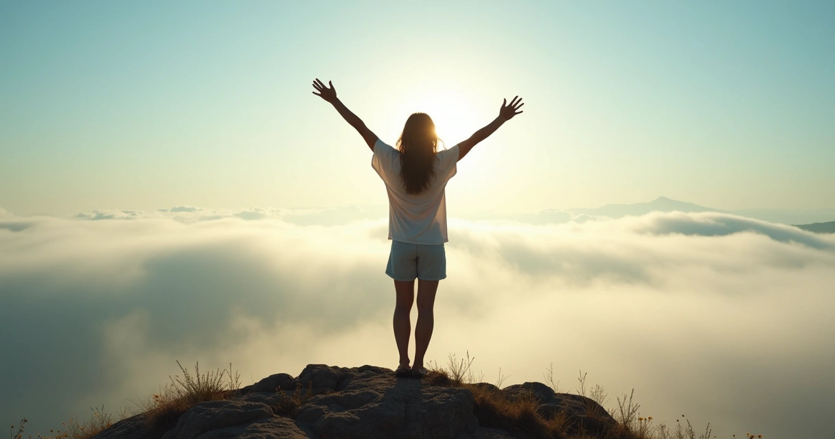 Mujer en la cima de una montaña alzando los brazos
