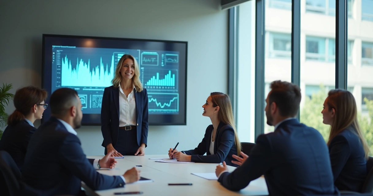 Mujer en oficina destacando en una reunión empresarial 