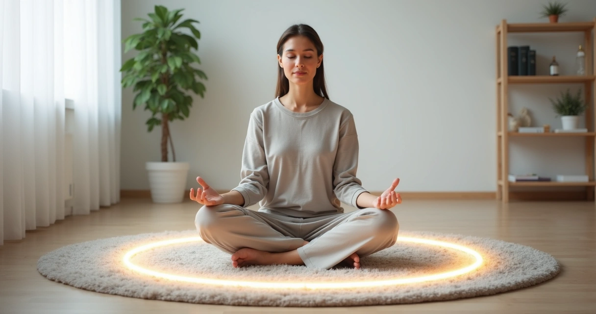 Mujer con ojos cerrados marcando un círculo de luz a su alrededor en actitud de calma 