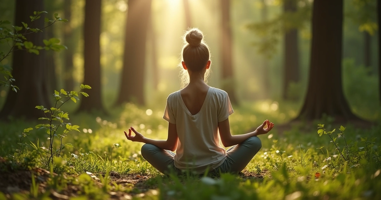 Mujer sentada meditando en un bosque, rodeada de árboles y luz suave 