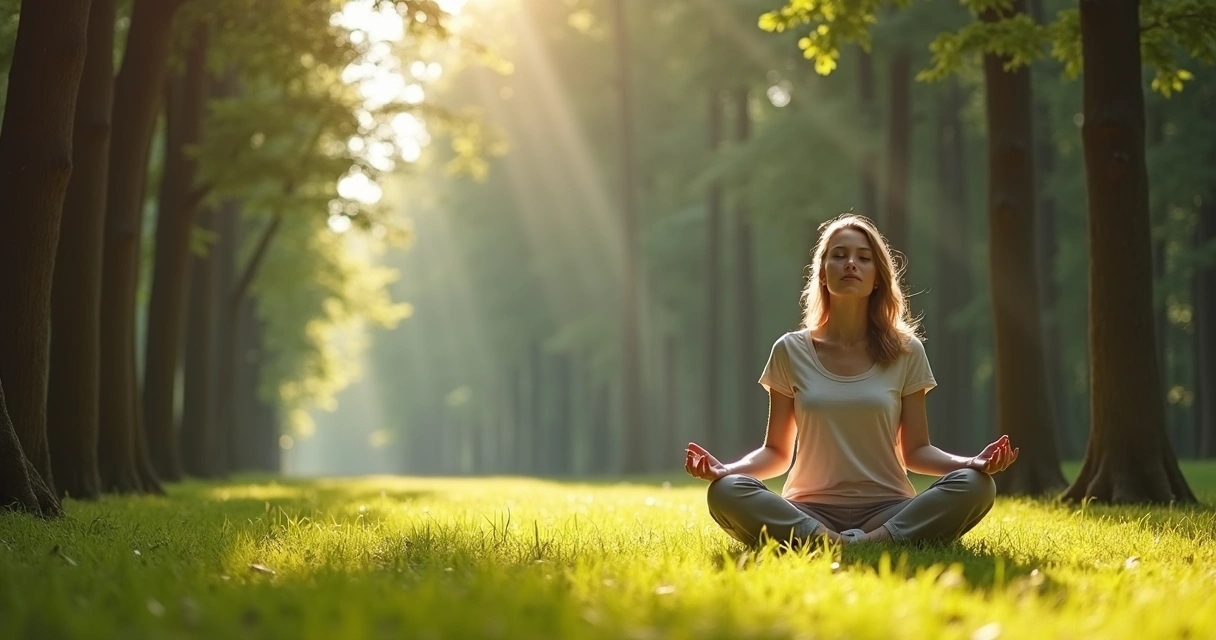 Mujer meditando sentada en posición de loto en un bosque verde y luminoso