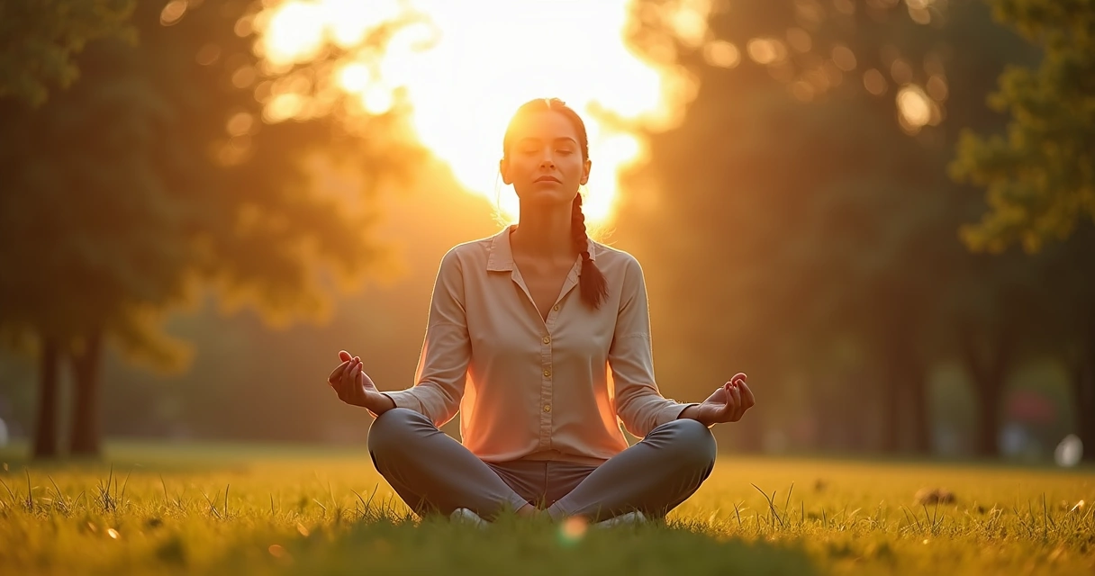 Mujer sentada meditando al aire libre al atardecer 