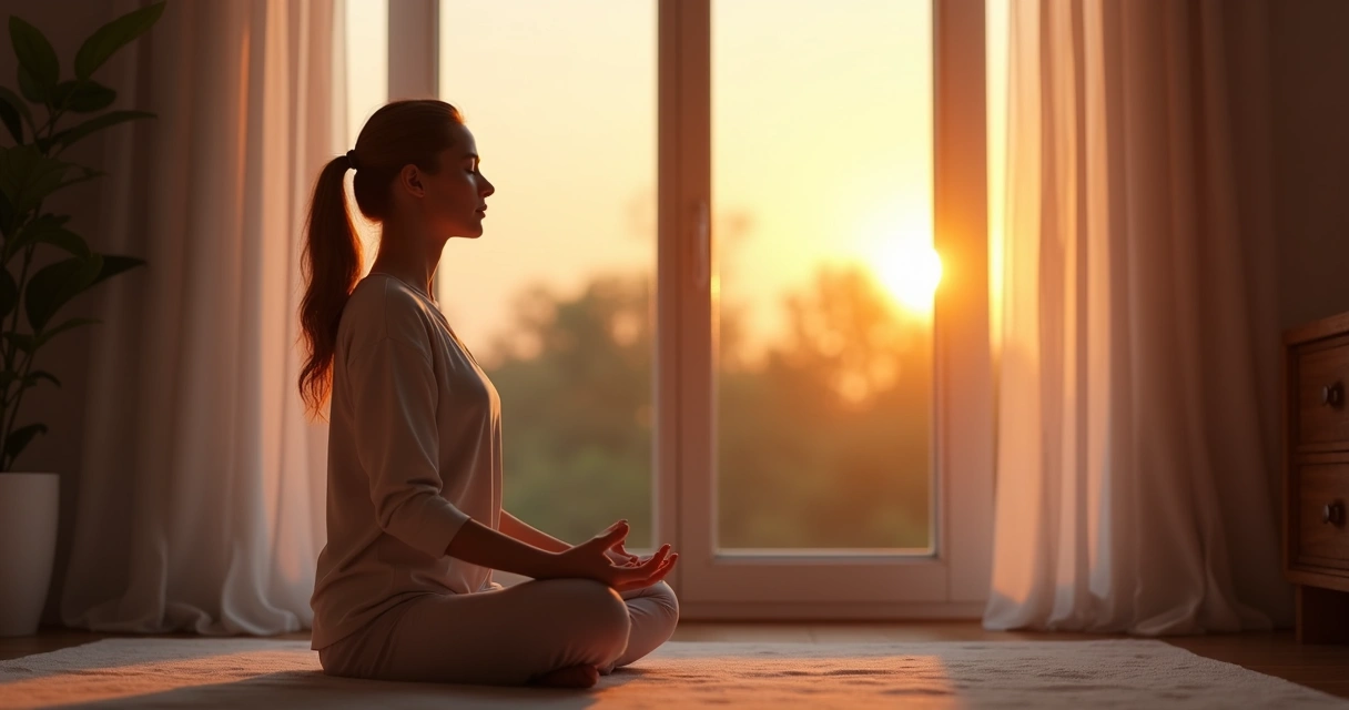 Mujer sentada en posición de meditación cerca de una ventana al amanecer. 