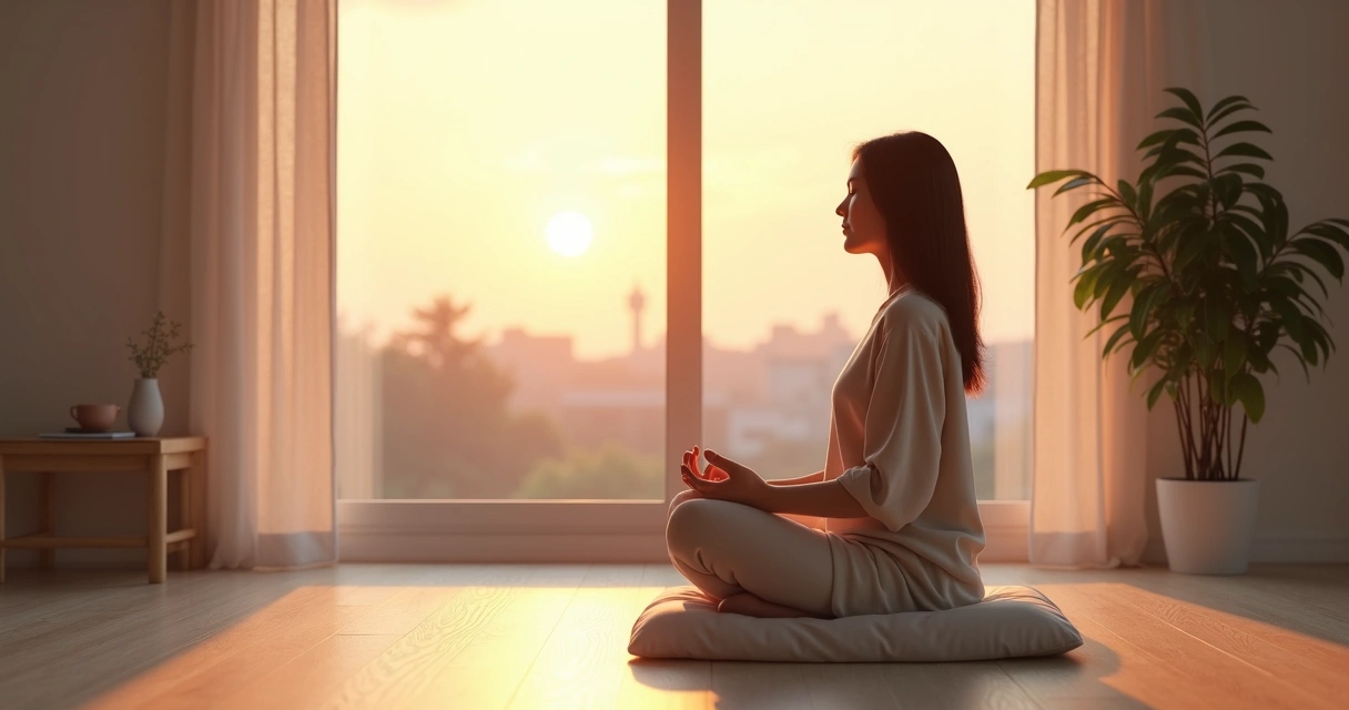 Persona sentada meditando frente a una ventana con luz de amanecer 