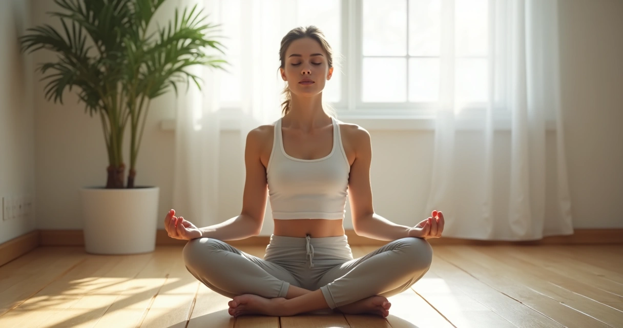 Mujer sentada con los ojos cerrados, postura erguida y relajada, haciendo meditación tranquila 