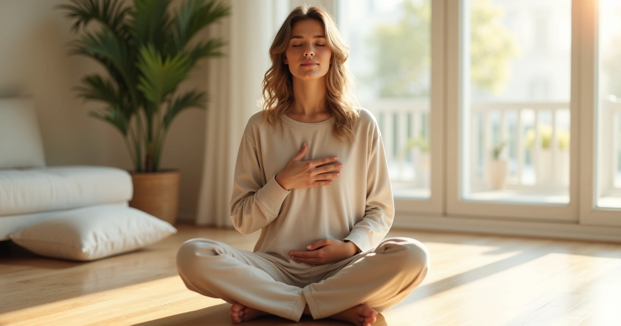 Mujer sentada meditando con gesto amable de autocompasión 