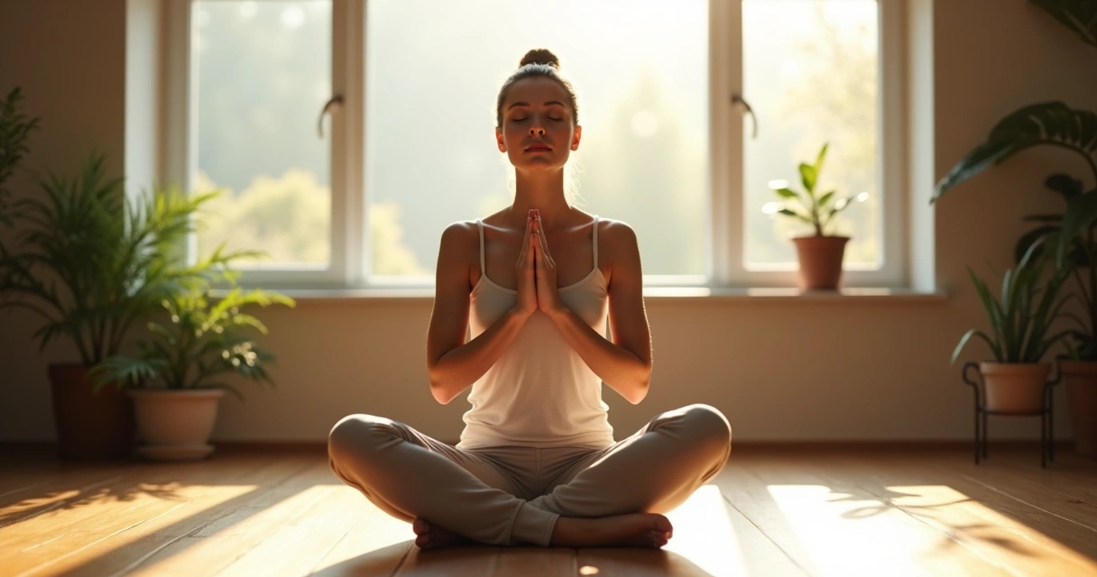 Mujer sentada en posición de meditación con ojos cerrados y expresión serena. 