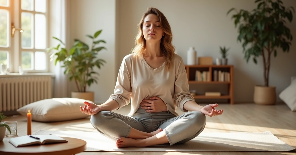 Mujer sentada meditando con atención al cuerpo y la respiración 