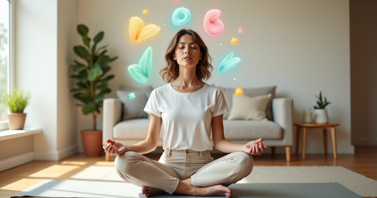 Mujer sentada meditando con luz suave y elementos simbólicos de emociones alrededor 