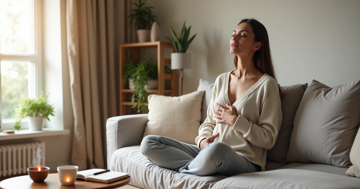 Mujer sentada en el sofá practicando autocuidado emocional en un salón luminoso 