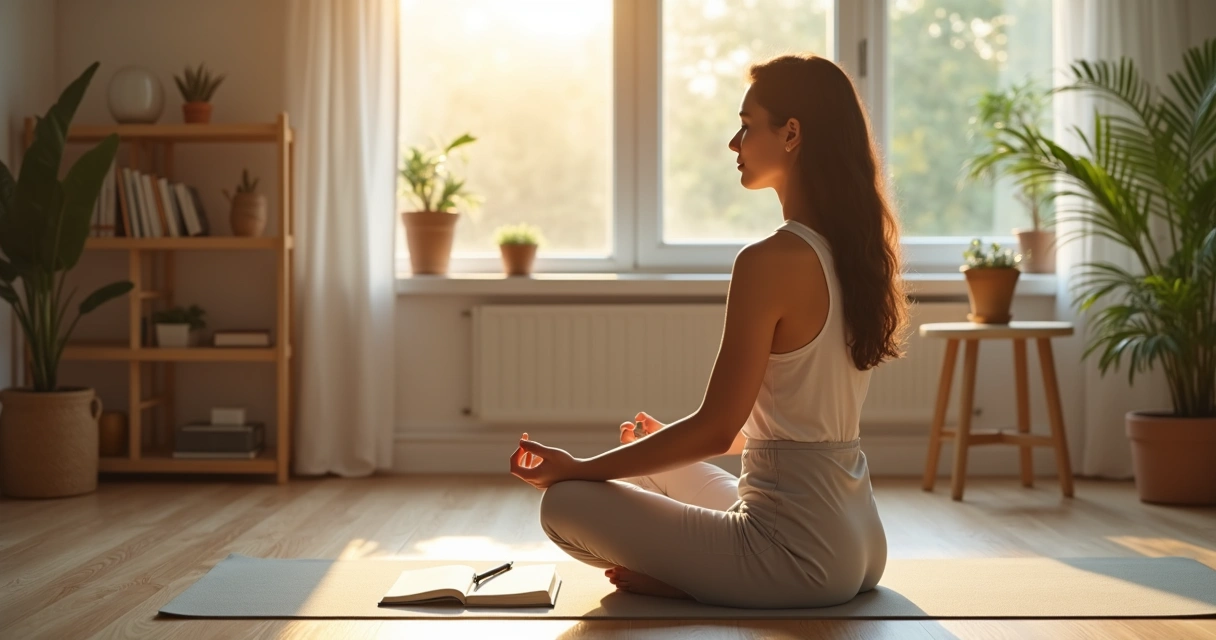 Mujer sentada meditando frente a una ventana con cuaderno de autoobservación 
