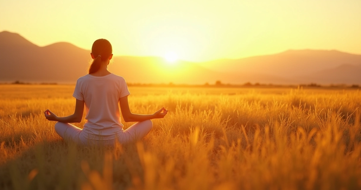 Mujer meditando en un campo al atardecer 