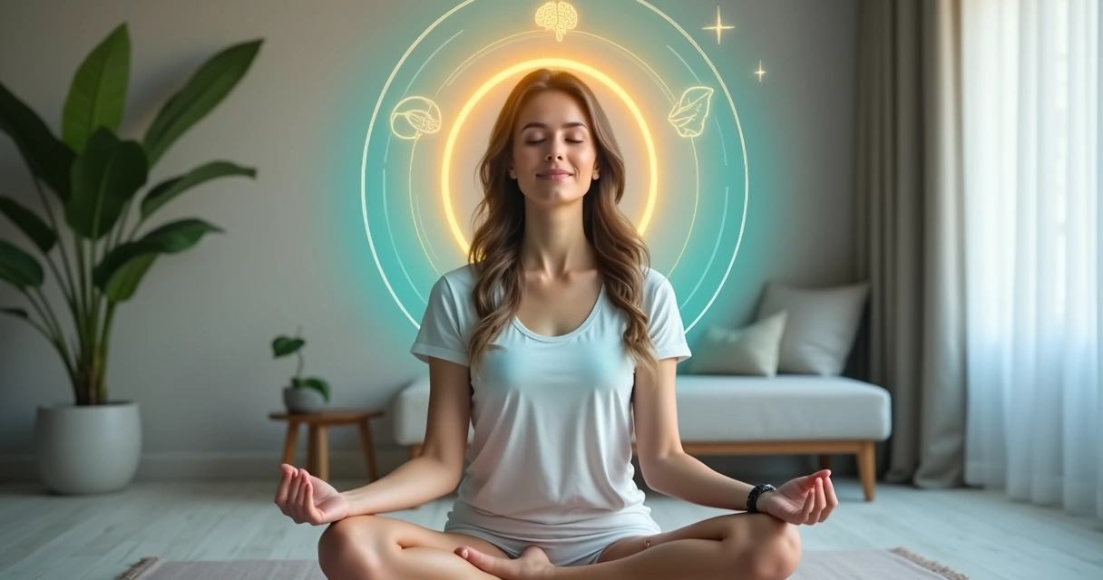 Mujer meditando con círculos emocionales alrededor de la cabeza 