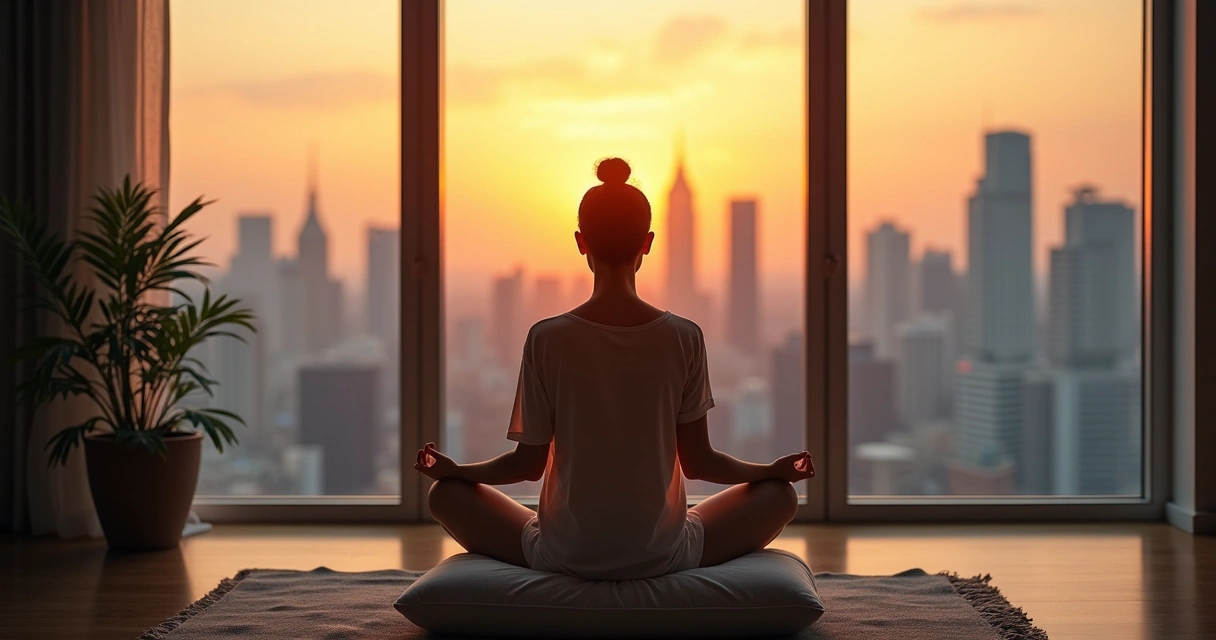 Mujer meditando sentada frente a ventana en una ciudad