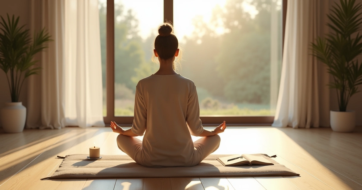 Persona sentada meditando frente a una ventana con luz suave 