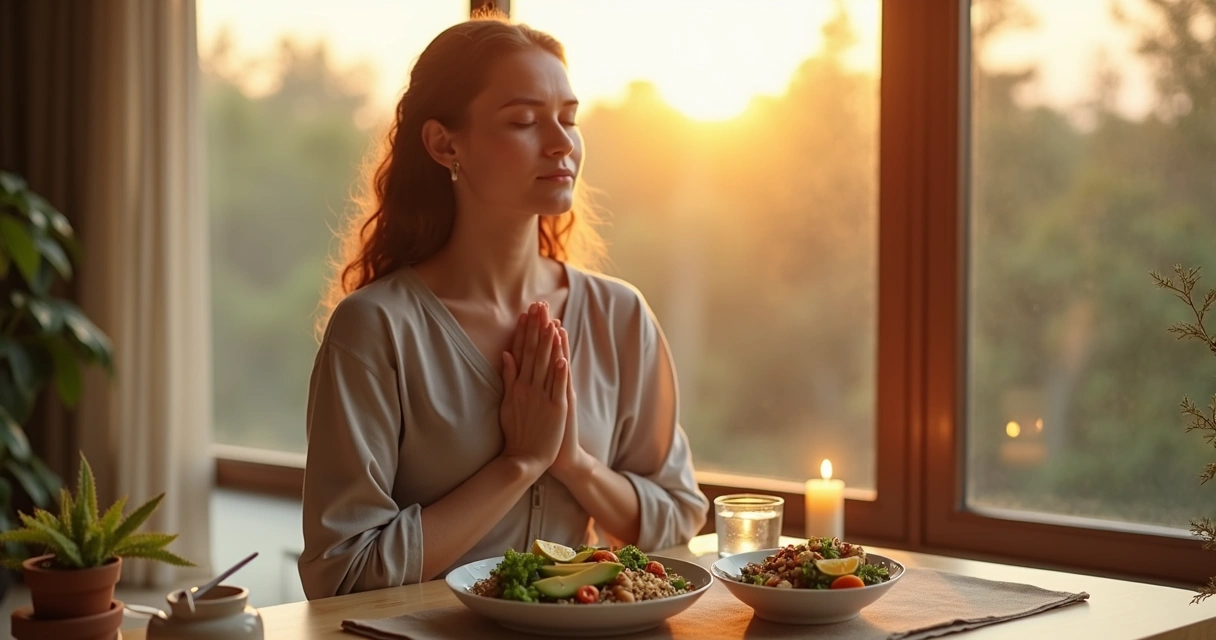 Mujer meditando en la mesa frente a un plato de comida saludable 