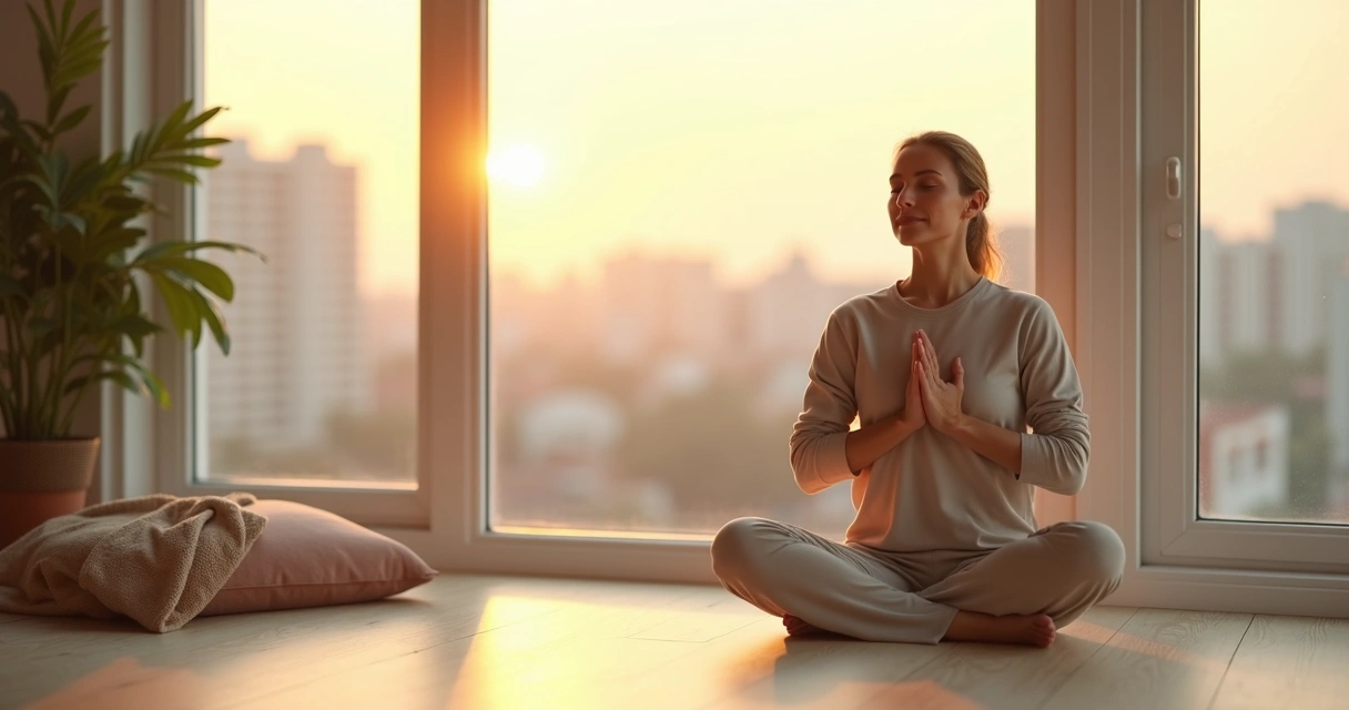 Persona sentada meditando con gesto de compasión y calma interior 