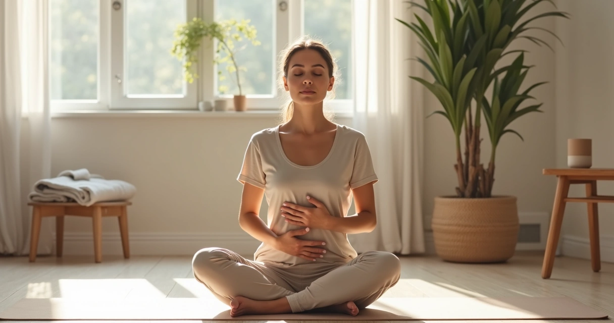 Mujer sentada meditando con atención plena al cuerpo en un salón luminoso 