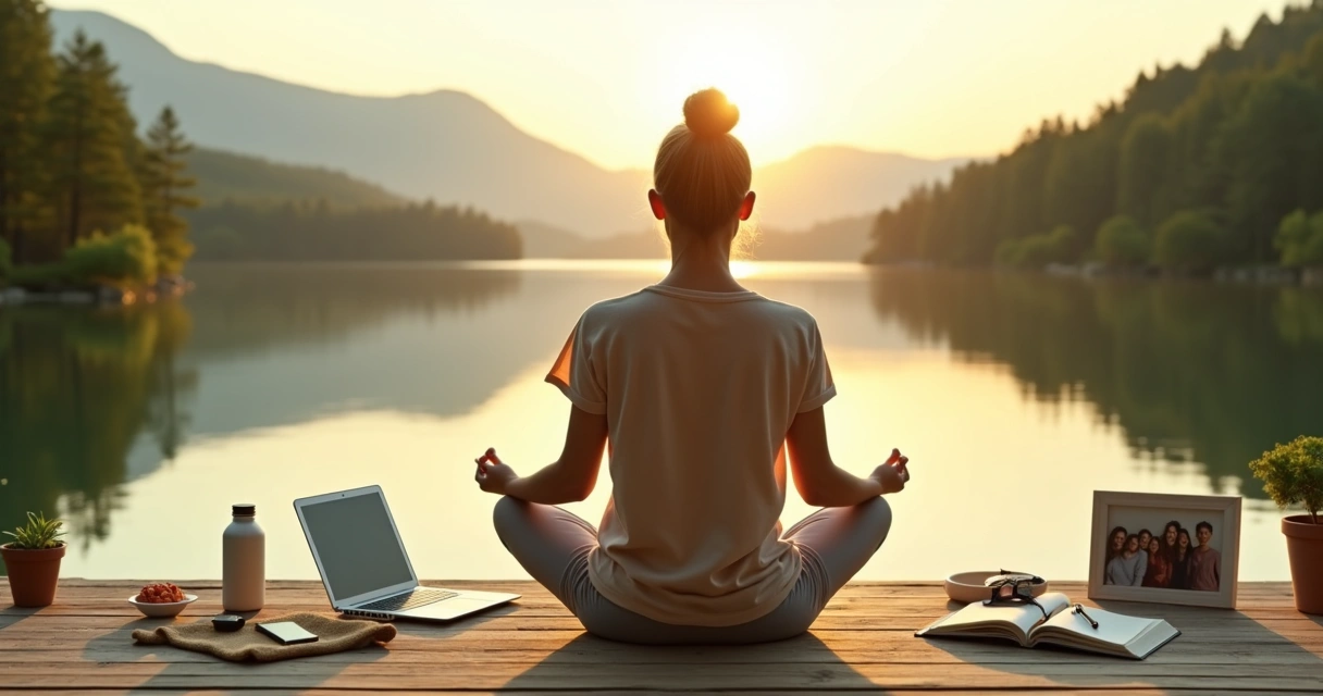 Mujer meditando al amanecer en la naturaleza con luz suave 