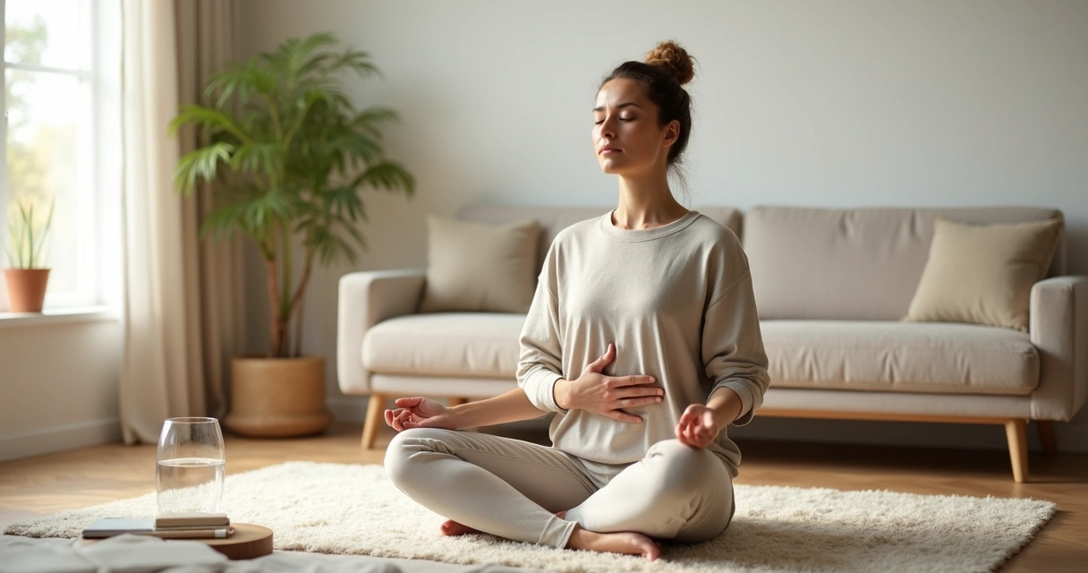 Persona sentada en el suelo practicando meditación somática en un salón luminoso 