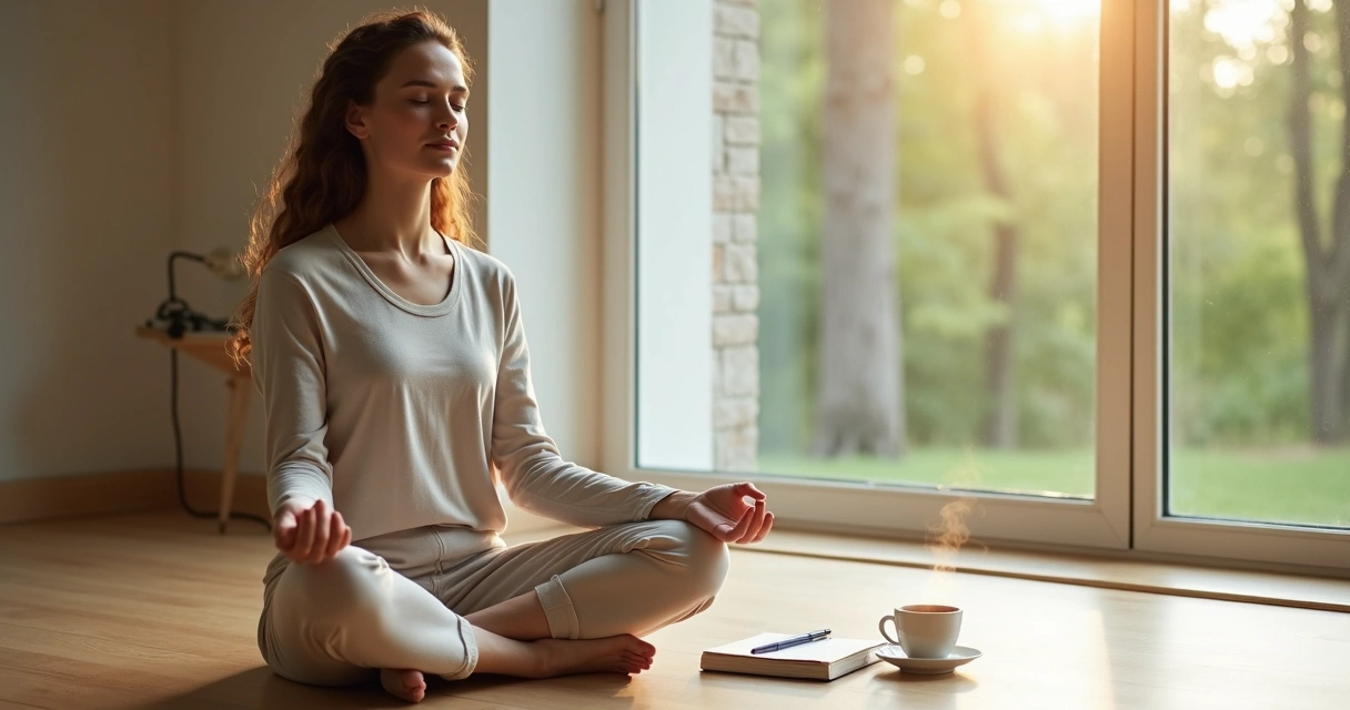 Persona sentada en el suelo meditando con un cuaderno abierto junto a una ventana luminosa 