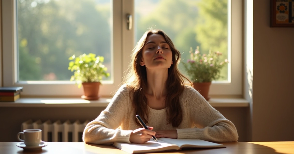 Mujer sentada en el escritorio con cuaderno y meditando 
