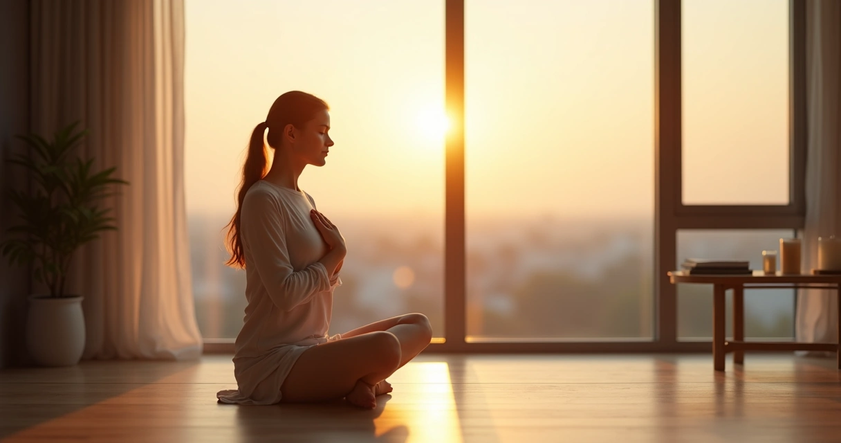 Mujer sentada en silencio con la mano en el corazón escuchando su interior 