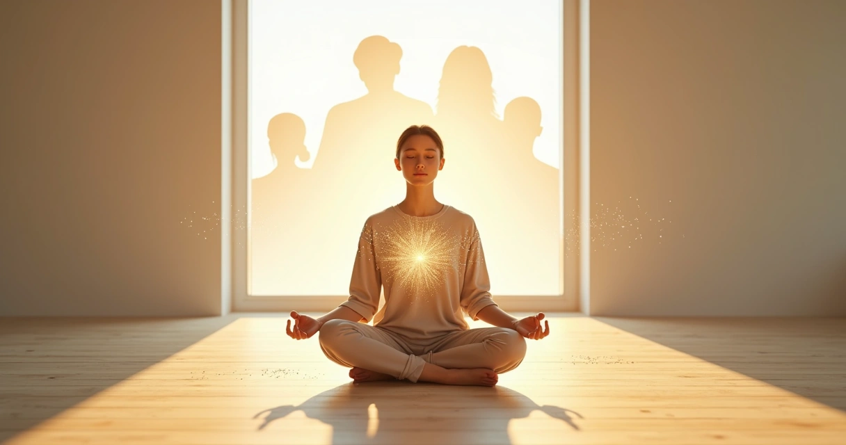 Persona meditando mientras hilos luminosos familiares se disuelven en el aire 