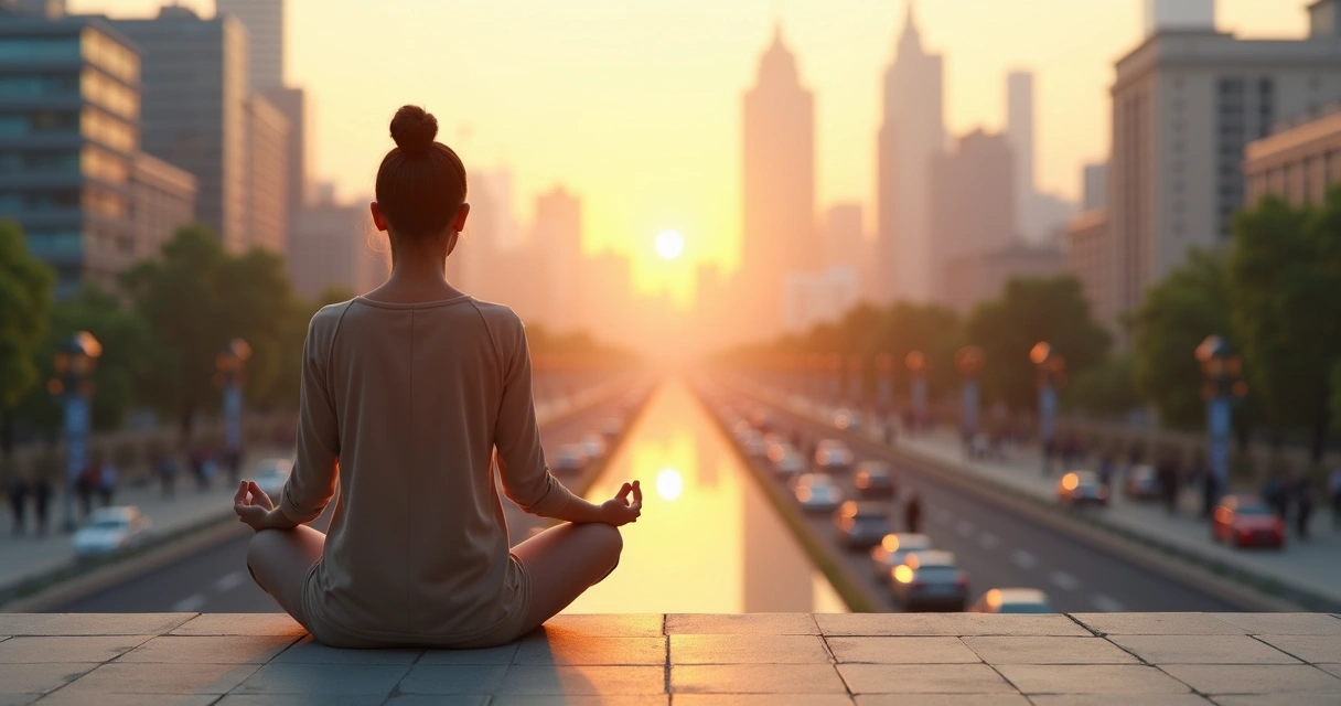 Mujer meditando frente a ciudad dividida entre caos y armonía 