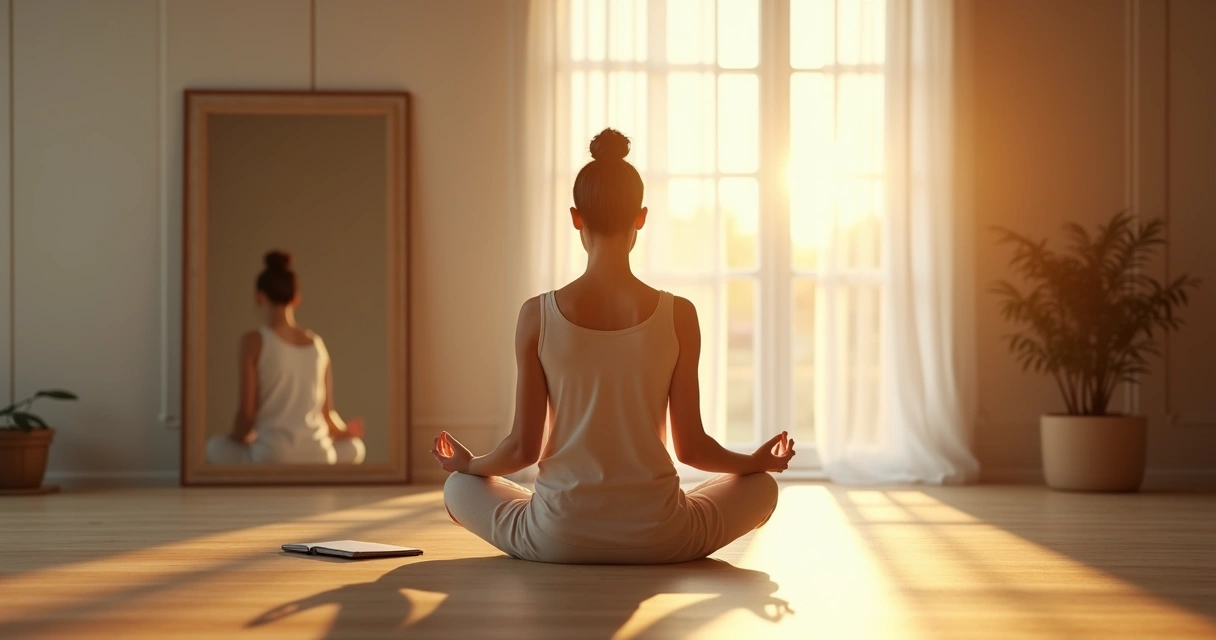 Persona meditando frente a un espejo con reflejo alineado y luz suave 