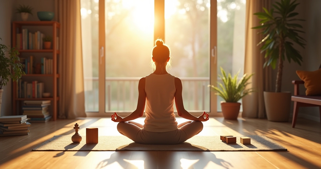 Mujer sentada meditando en una sala iluminada por la luz natural 