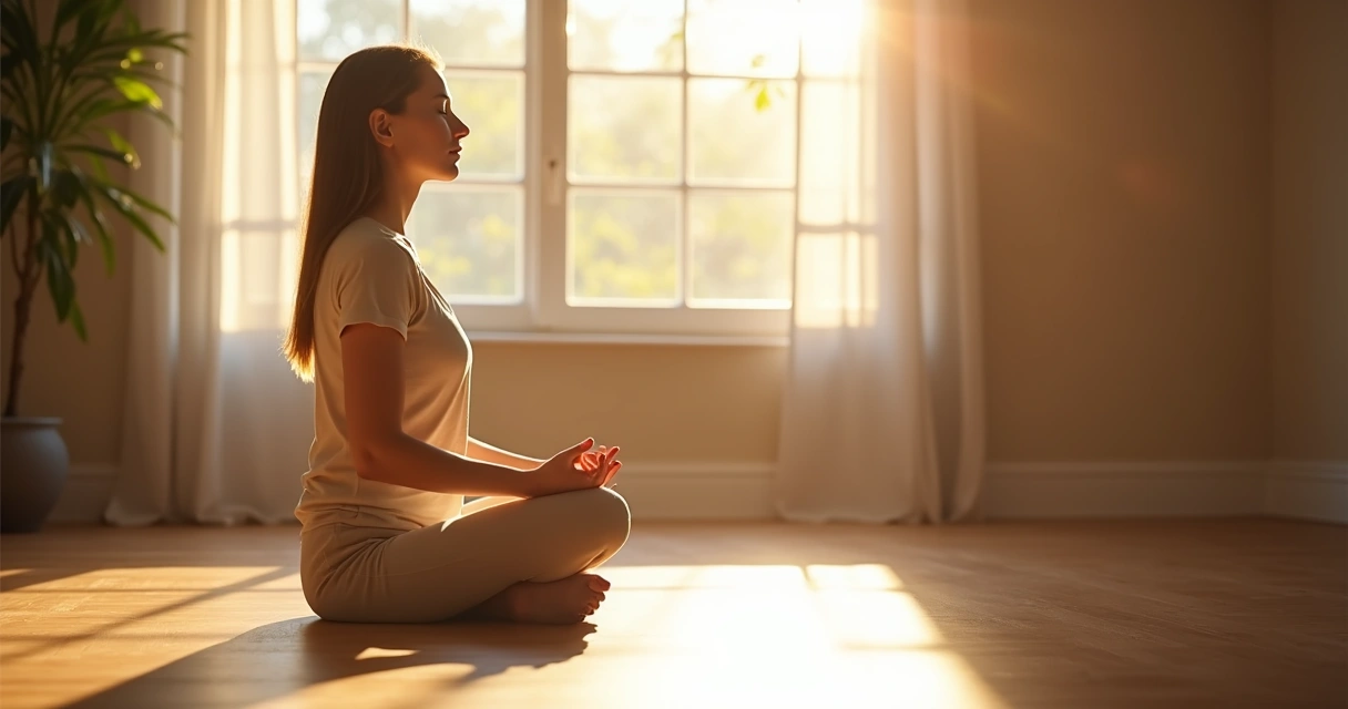 Mujer sentada en meditación tranquila con luz natural