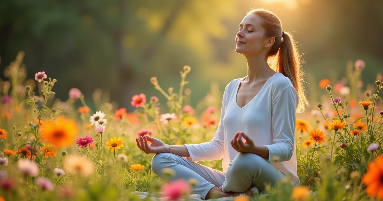 Mujer sentada meditando en un jardín con flores