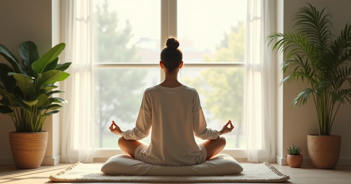 Mujer sentada en postura de meditación junto a una ventana con luz natural 