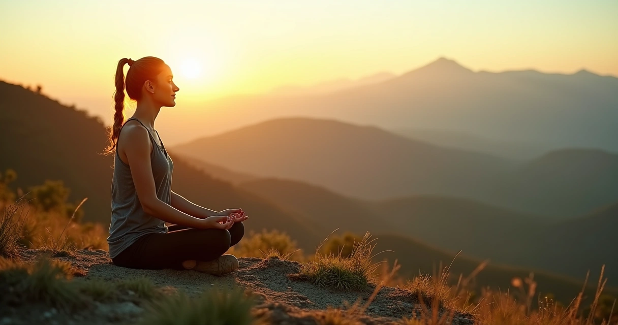 Mujer sentada meditando en una montaña tranquila al amanecer 