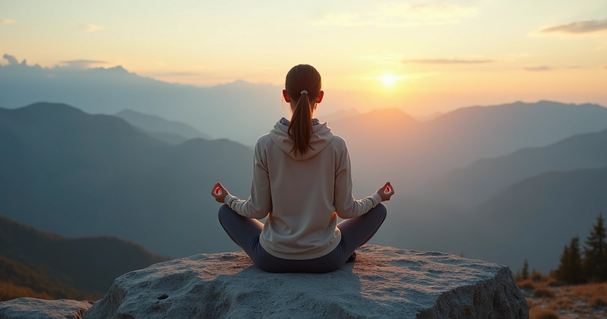 Persona meditando en la cima de una montaña al amanecer 