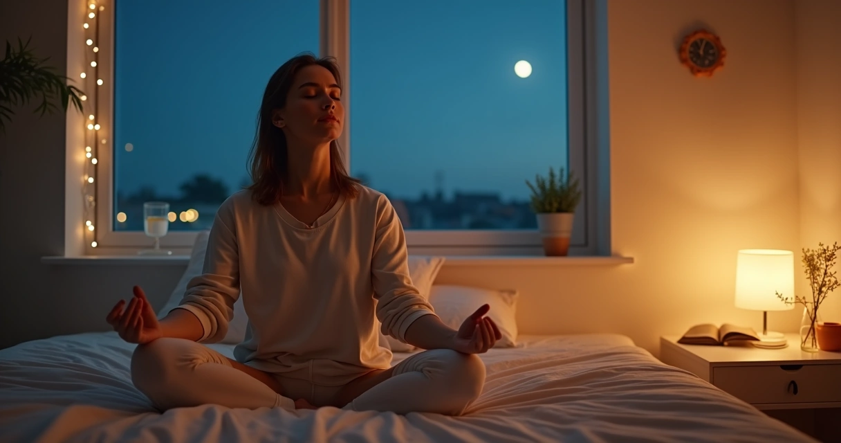 Mujer sentada meditando en la cama antes de dormir en un dormitorio tranquilo de noche 