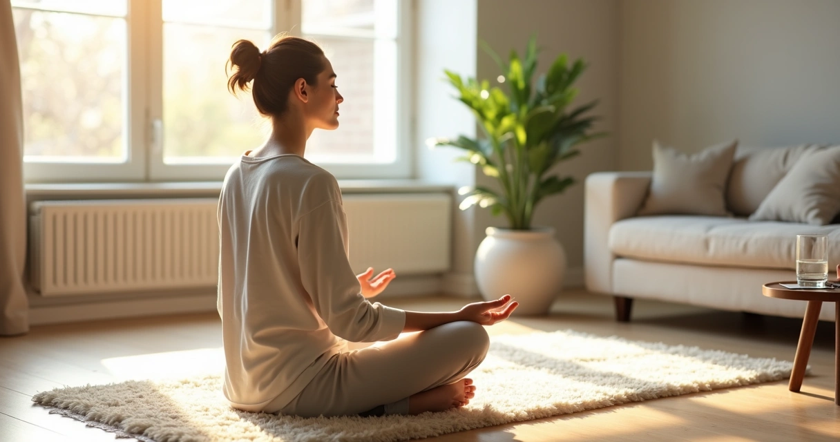Persona sentada meditando en una sala luminosa con ambiente tranquilo 