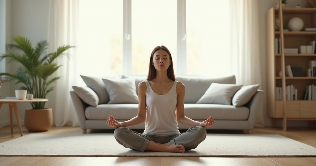 Persona sentada meditando en silencio en la sala de su casa 