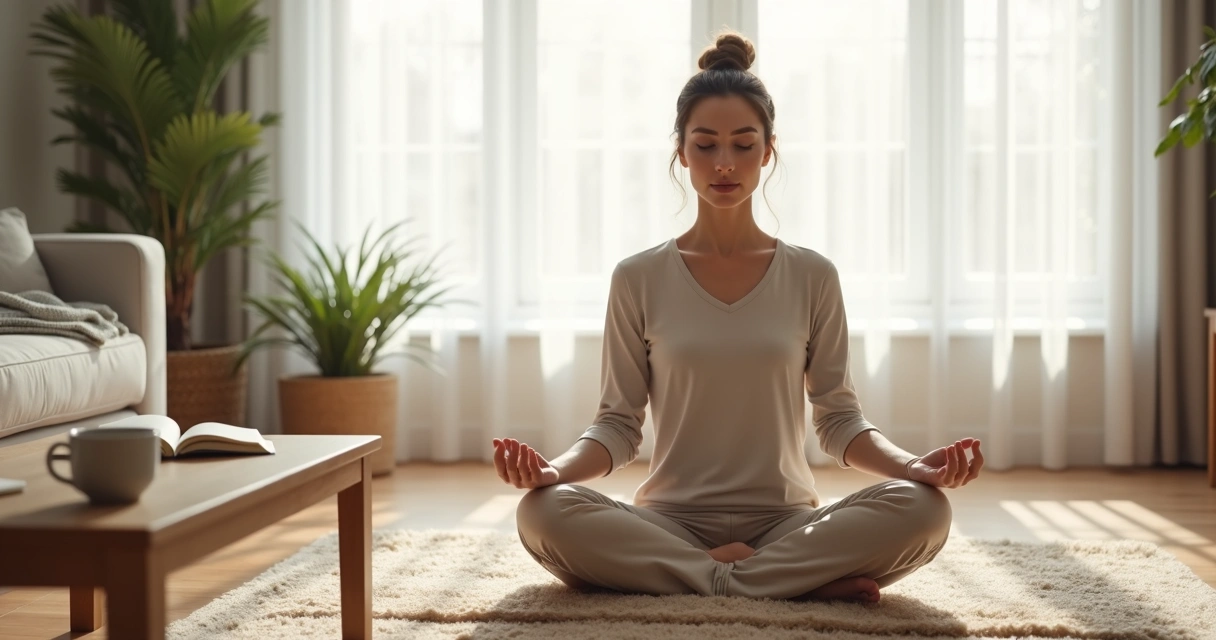 Persona meditando en el suelo de la sala de estar en una casa luminosa 