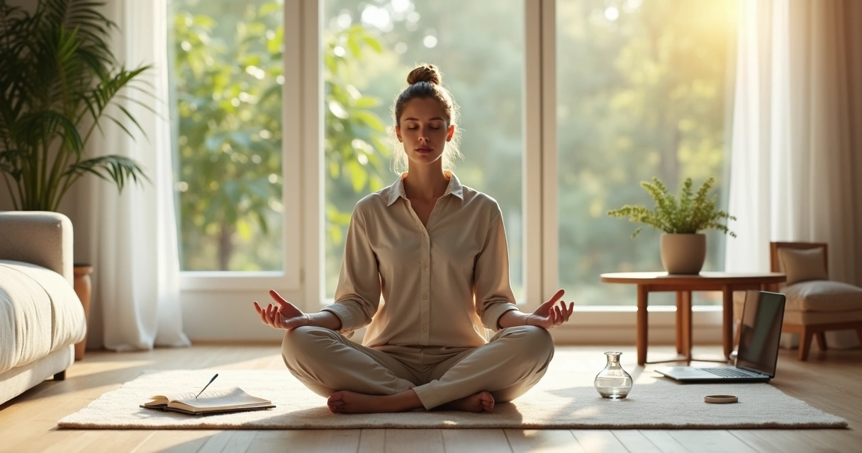 Mujer sentada meditando en el salón de su casa con luz natural 