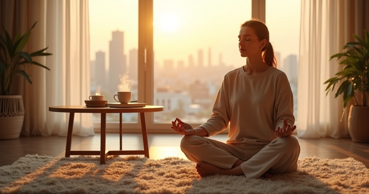 Persona meditando en un salón luminoso integrando espiritualidad en la vida diaria 