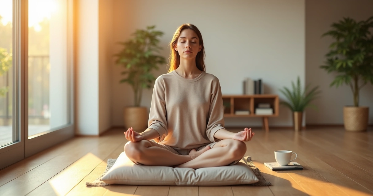 Mujer sentada en silencio meditando en un salón luminoso 