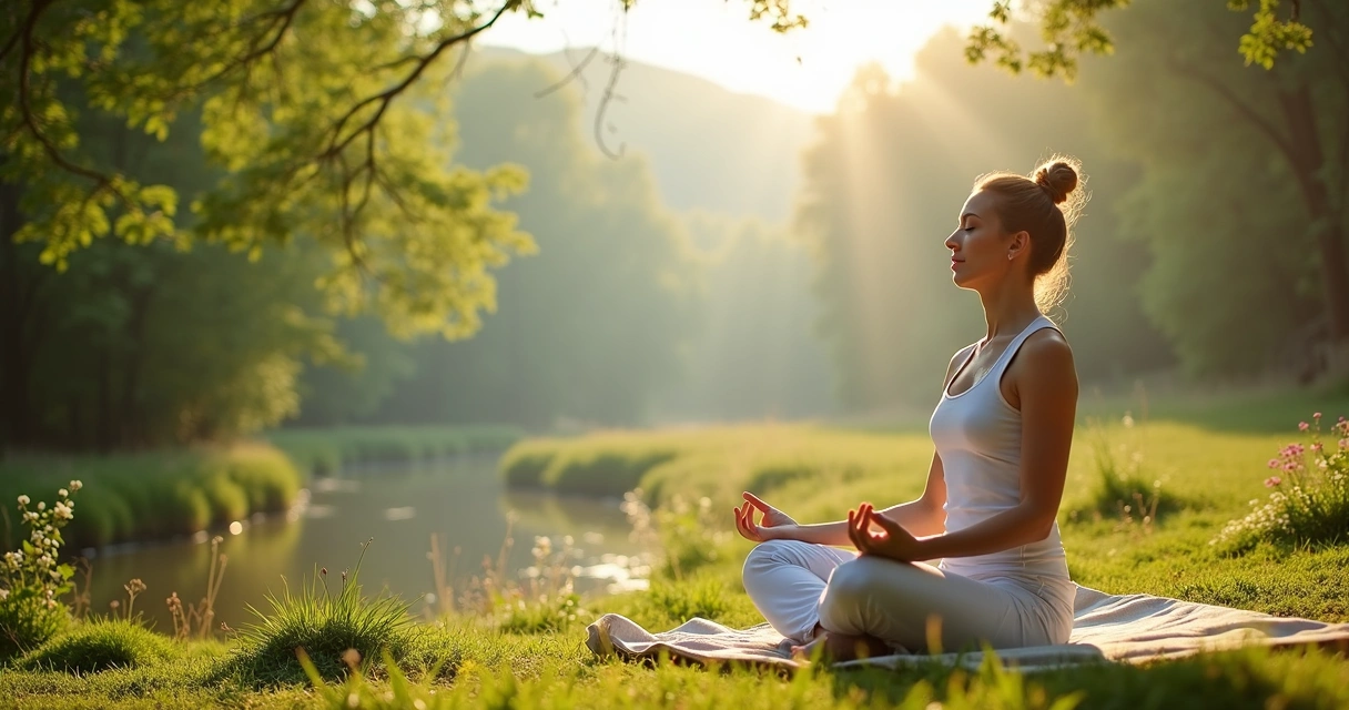 Mujer meditando en postura de serenidad en un entorno natural