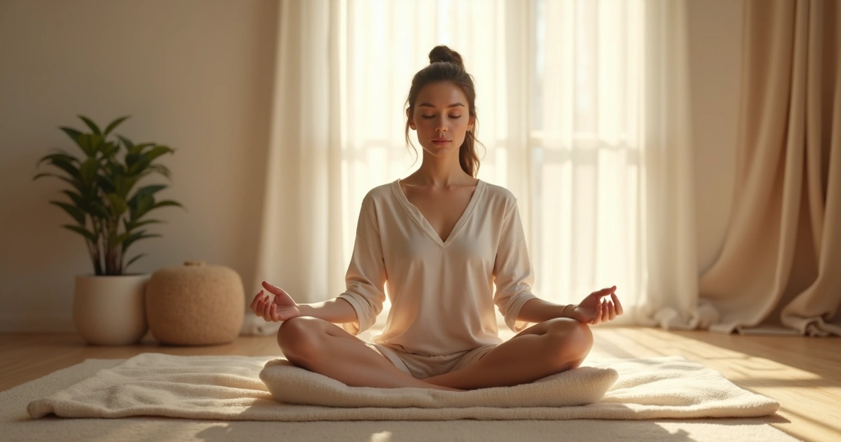 Mujer practicando meditación en silencio en una habitación serena 