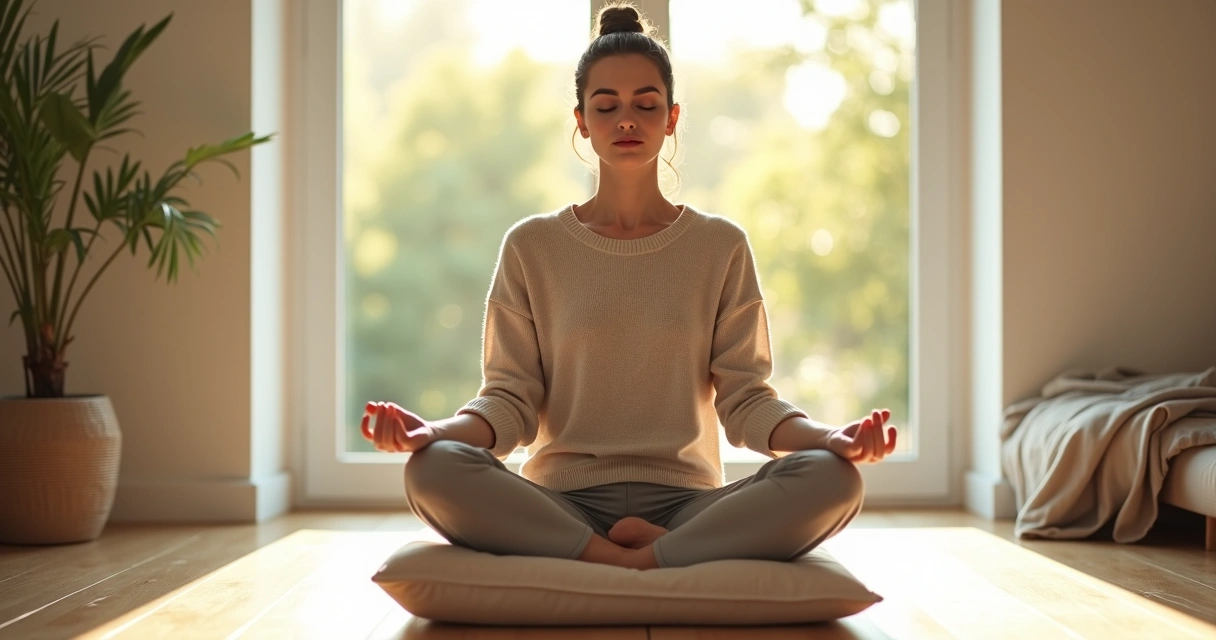 Mujer sentada meditando en silencio frente a una ventana luminosa 