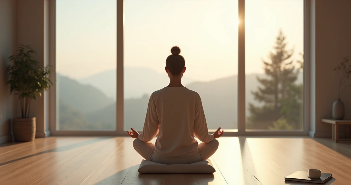 Mujer sentada meditando en silencio frente a un gran ventanal al amanecer 