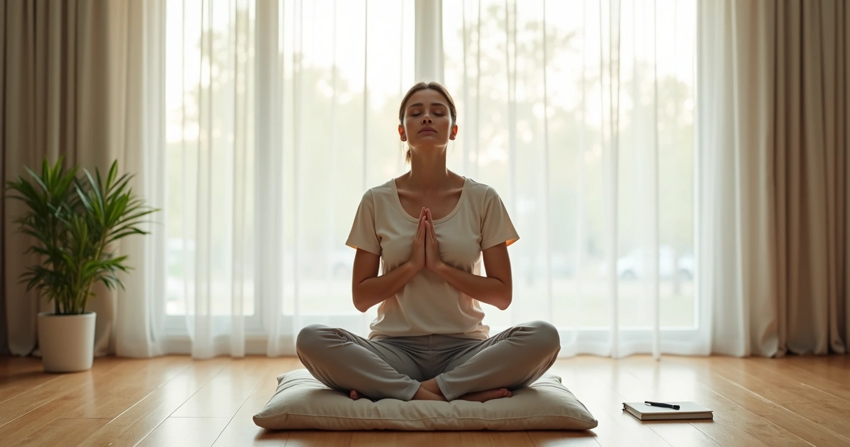 Mujer sentada meditando en silencio frente a una ventana luminosa 